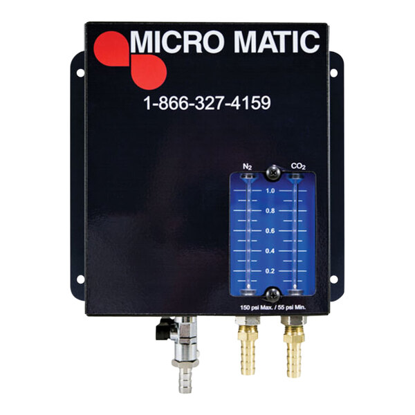 A black rectangular Micro Matic beer gas blender panel with a blue screen and blue and gold panels.