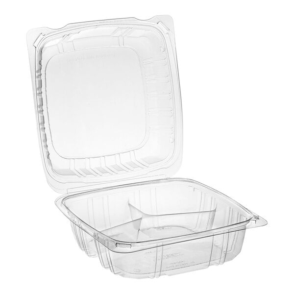 A clear hinged PET plastic 3-compartment clamshell container with a lid open.