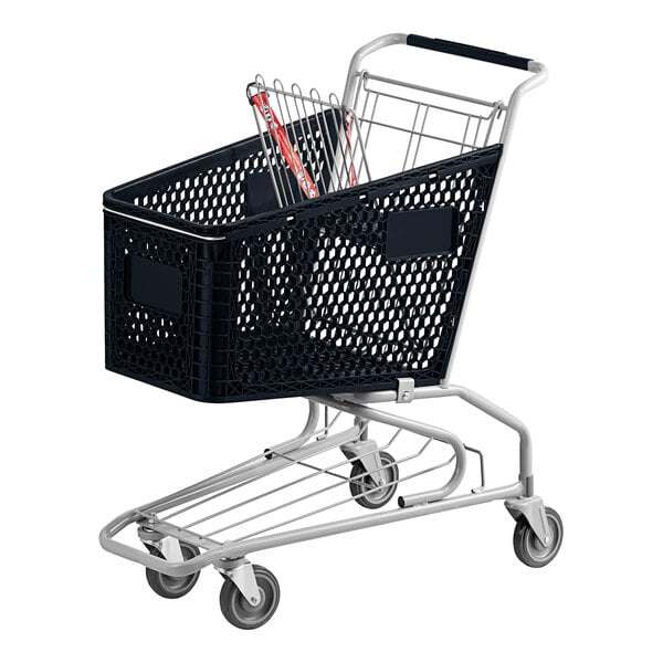 A black Regency shopping cart with a basket on wheels.