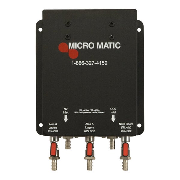 A black square Micro Matic gas blender panel with red and white text.