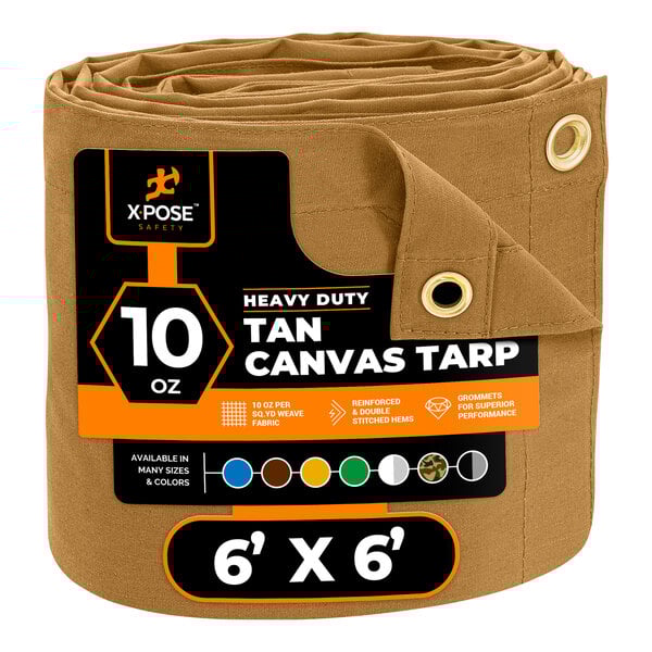 A roll of tan Xpose Safety heavy-duty canvas tarp with black and white labels.