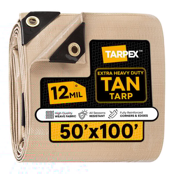 Tarpex 50' x 100' Tan Extra Heavy-Duty Weatherproof 12 Mil Multipurpose Polyethylene Tarp THD-TA-50100