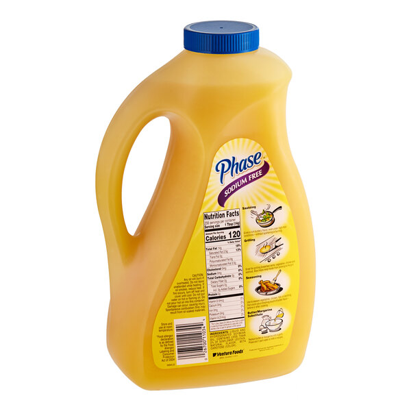 A plastic jug of Phase Sodium-Free Butter-Flavored Vegetable Oil with a blue cap.