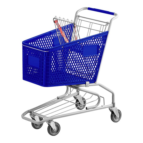 A Regency blue plastic grocery cart with a basket on top.