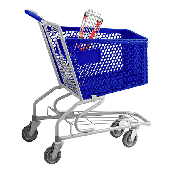 A blue Regency grocery cart with a basket inside.