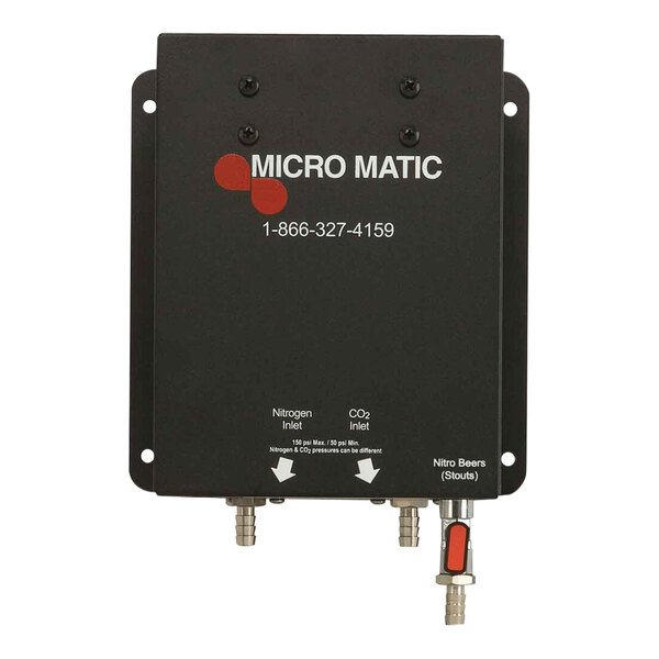 A black rectangular Micro Matic gas blender panel with metal connectors and white text.