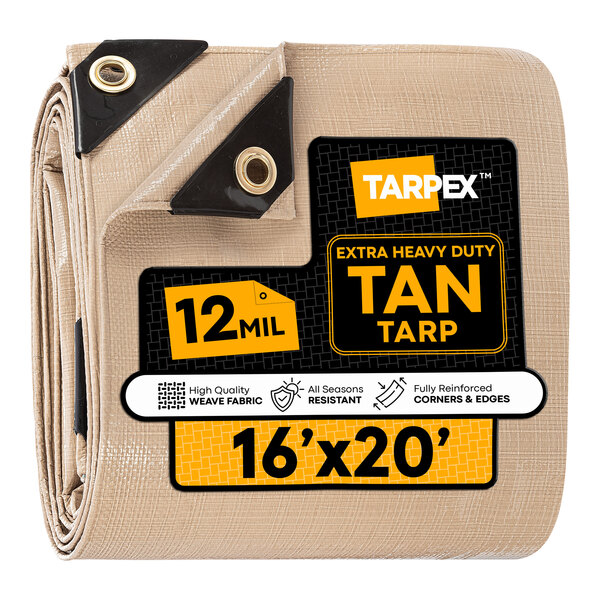 Tarpex 16' x 20' Tan Extra Heavy-Duty Weatherproof 12 Mil Multipurpose Polyethylene Tarp THD-TA-1620