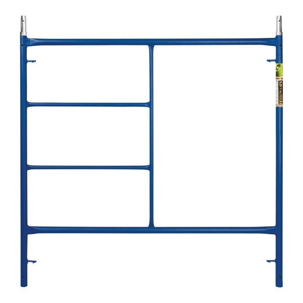 A blue Metaltech scaffolding frame with four metal bars.
