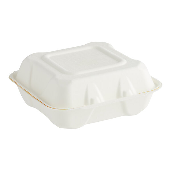 A white plant fiber hinged container with the Fabri-Kal logo.