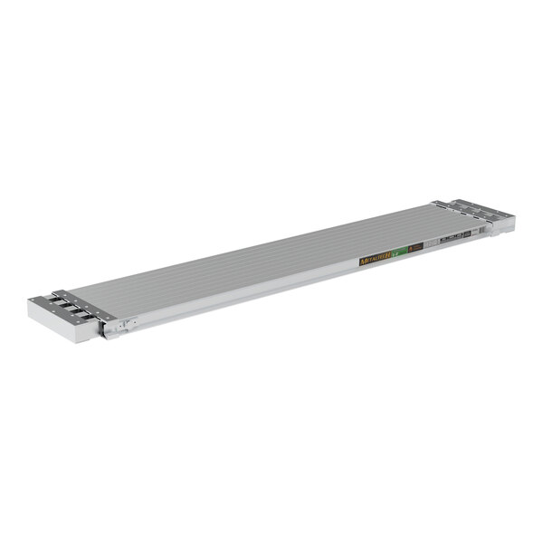 A grey Metaltech telescopic aluminum work platform with a white background.