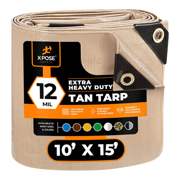 A tan Xpose Safety extra heavy-duty weatherproof tarp with black and white labels.