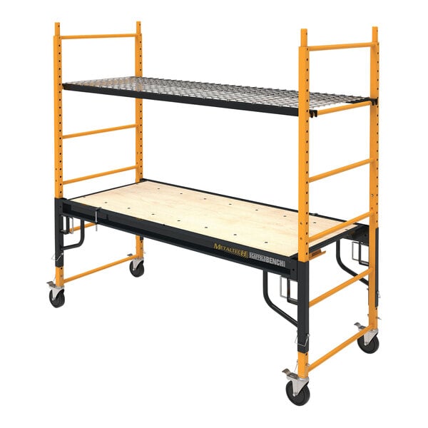 A yellow and black Metaltech ScaffoldBench portable scaffolding with shelves and wheels.