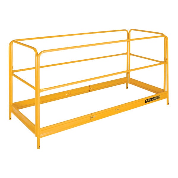 A yellow Metaltech guardrail frame with metal bars.