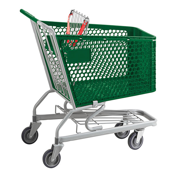 A green Regency plastic grocery cart with wheels and a red tag.
