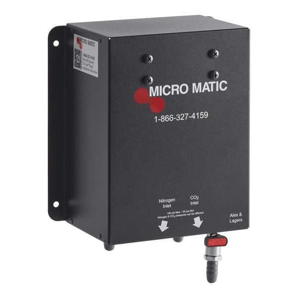 A black Micro Matic draft gas blender panel with white text and a red button.