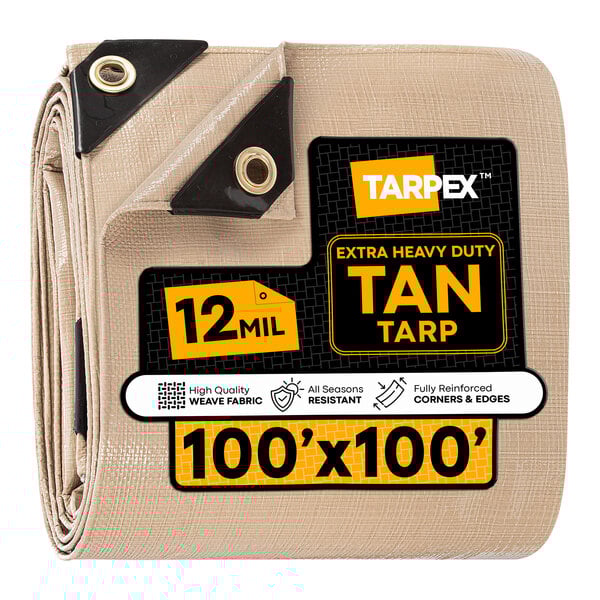 Tarpex 100' x 100' Tan Extra Heavy-Duty Weatherproof 12 Mil Multipurpose Polyethylene Tarp THD-TA-100100