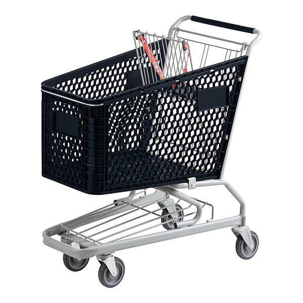 A black Regency grocery cart with baskets on wheels.