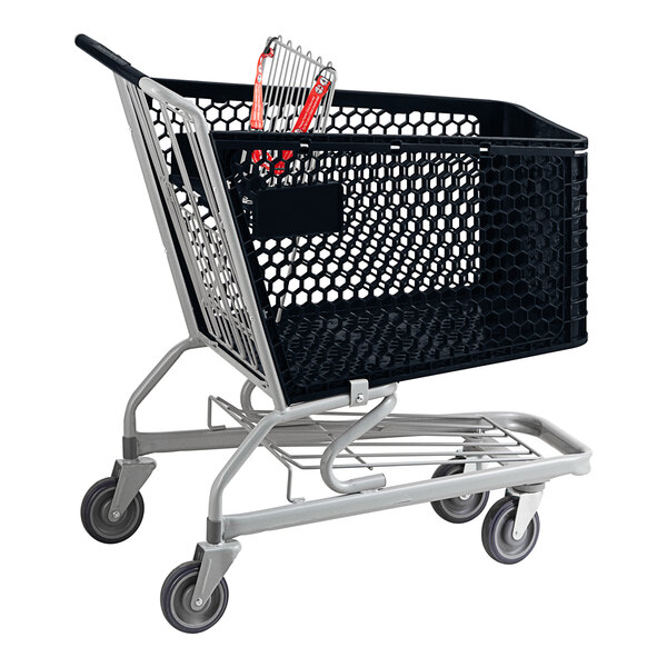 A Regency black plastic grocery cart with a basket on wheels.