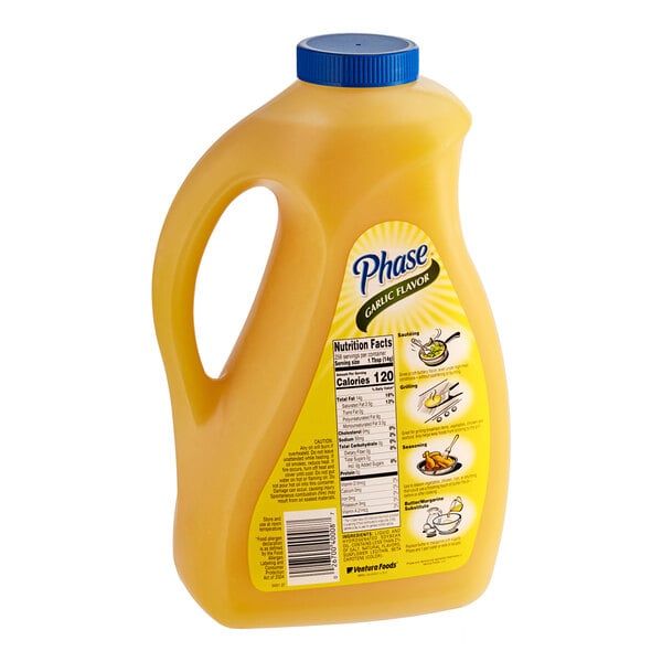 A plastic jug of Phase garlic butter-flavored oil.
