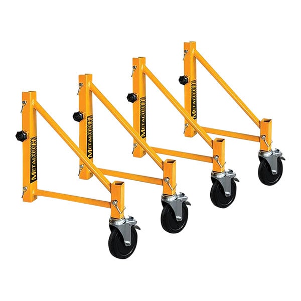 A row of Metaltech yellow outriggers with trolley wheels.