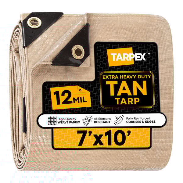 Tarpex 7' x 10' Tan Extra Heavy-Duty Weatherproof 12 Mil Multipurpose Polyethylene Tarp THD-TA-710