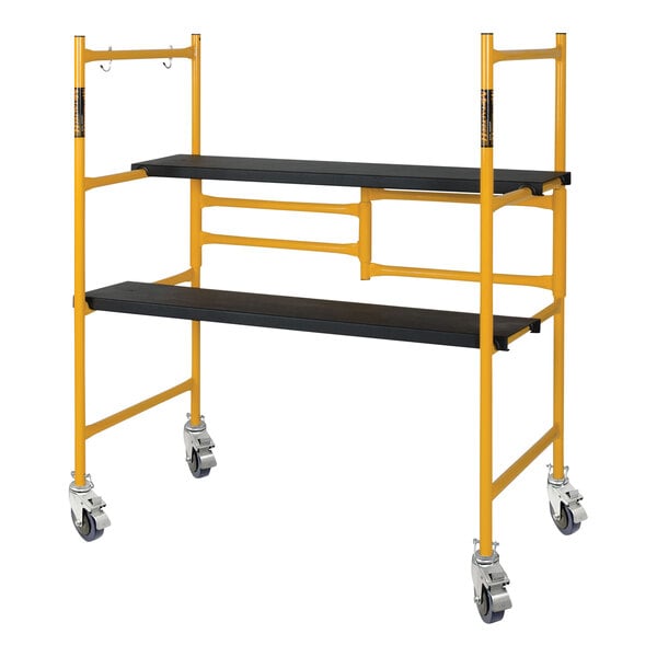 A yellow and black Metaltech folding portable scaffolding with wheels.