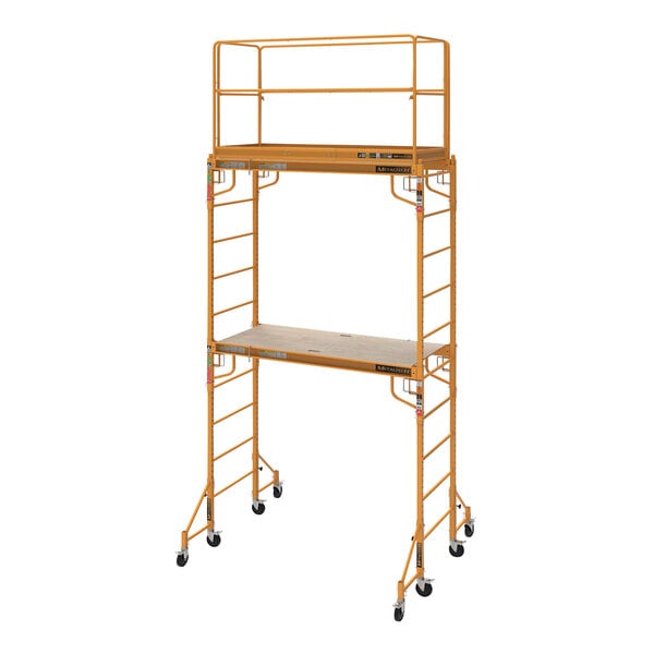 A Metaltech portable scaffolding tower with guardrail and shelves.