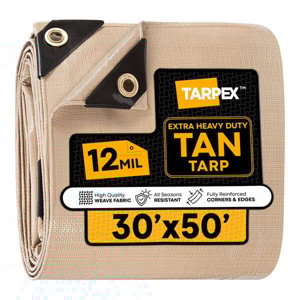 Tarpex 30' x 50' Tan Extra Heavy-Duty Weatherproof 12 Mil Multipurpose Polyethylene Tarp THD-TA-3050