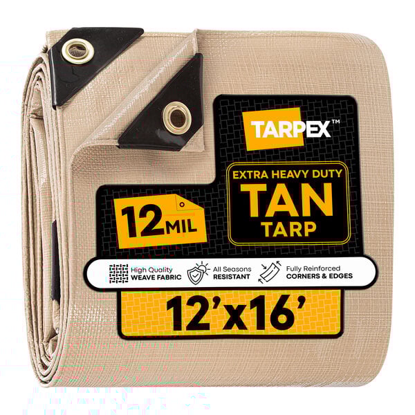 Tarpex 12' x 16' Tan Extra Heavy-Duty Weatherproof 12 Mil Multipurpose Polyethylene Tarp THD-TA-1216