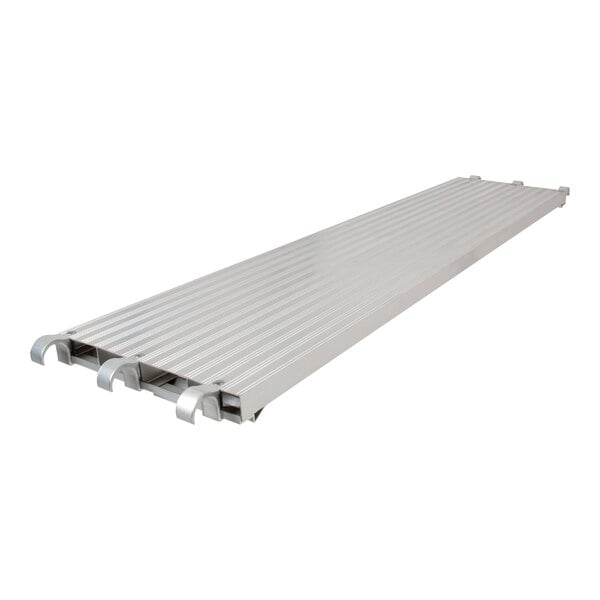 A close-up of a Metaltech aluminum scaffolding platform with hooks.