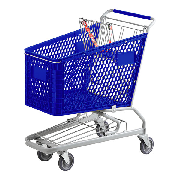 A Regency blue plastic grocery cart with a basket on wheels.