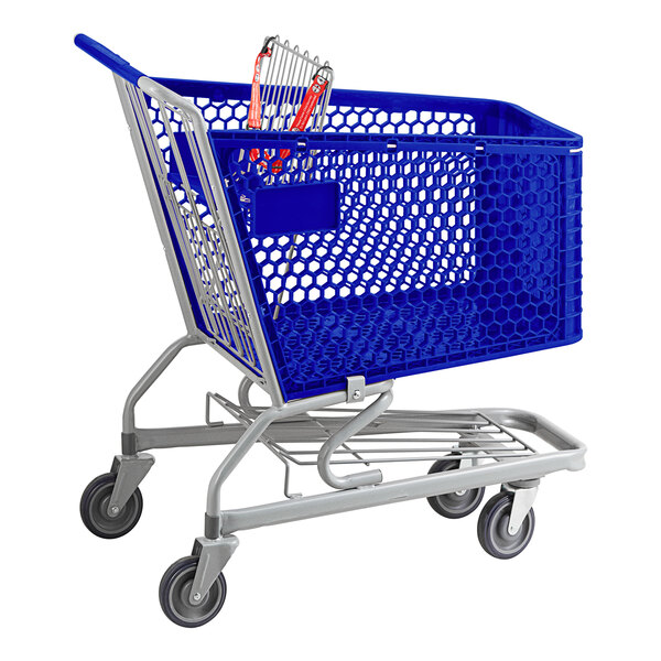 A blue Regency plastic grocery cart with wheels and a red tag.