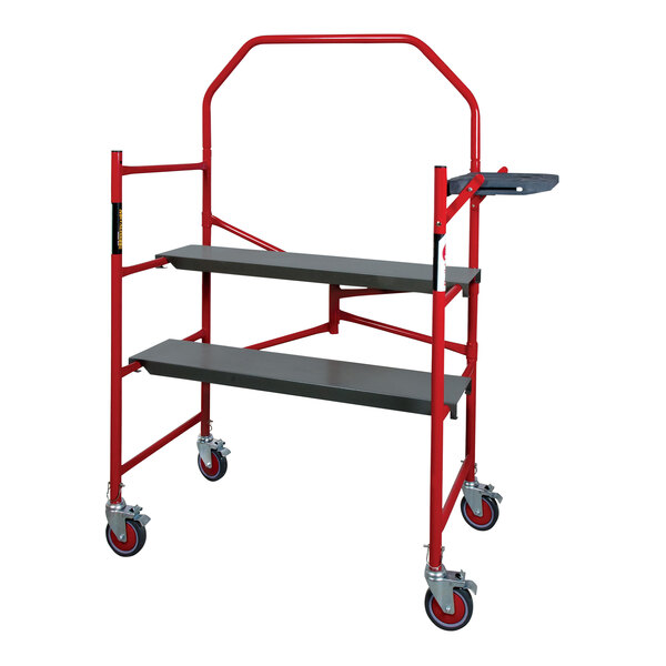 A red and black Metaltech BuildMan folding portable scaffolding with two anti-slip platforms and a tool shelf.