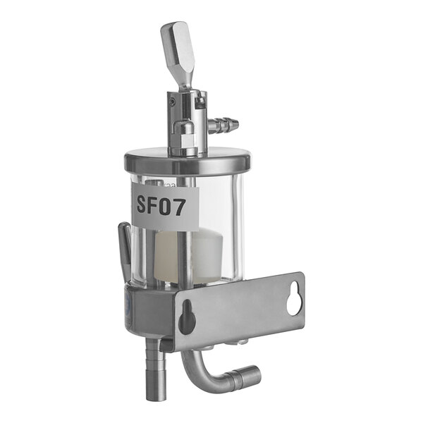 A stainless steel and plastic Micro Matic Pro-MAX wall-mount keg detector with a top lever.