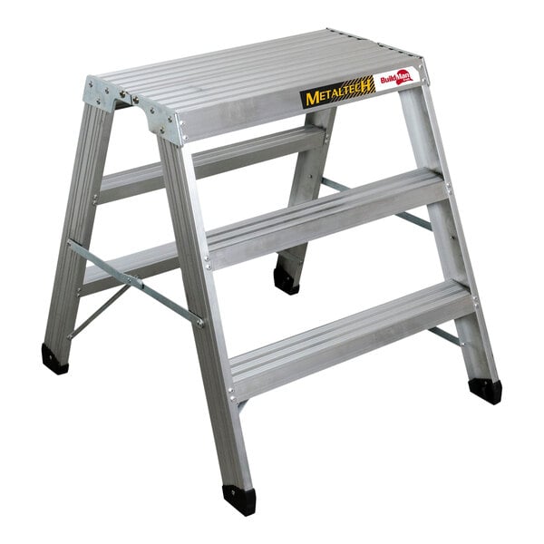 A Metaltech BuildMan aluminum workstand with two steps.
