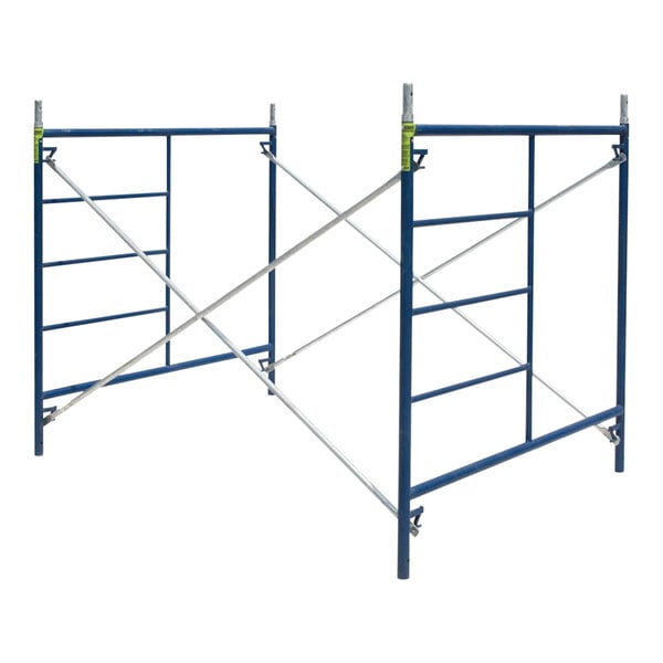 A blue Metaltech scaffolding frame with white metal bars.
