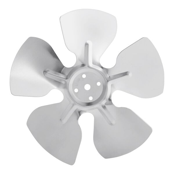 A circular silver fan blade with many holes.