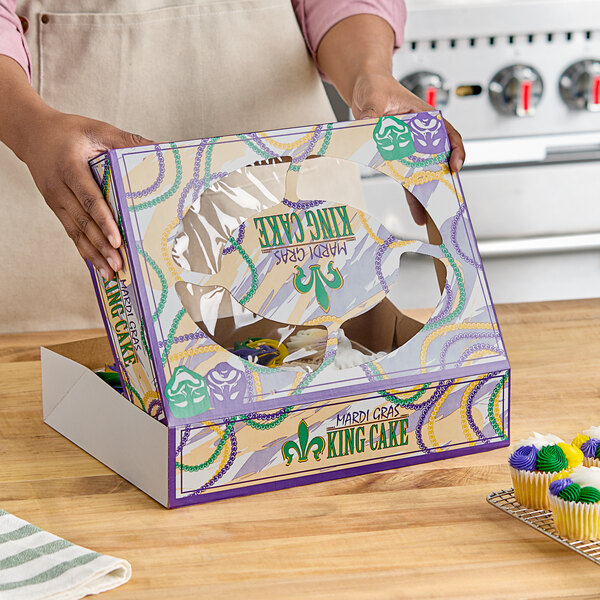 Southern Champion 14" x 10" x 3" Auto-Popup Window Cake / Bakery Box with Mardi Gras King Cake Design - 100/Case