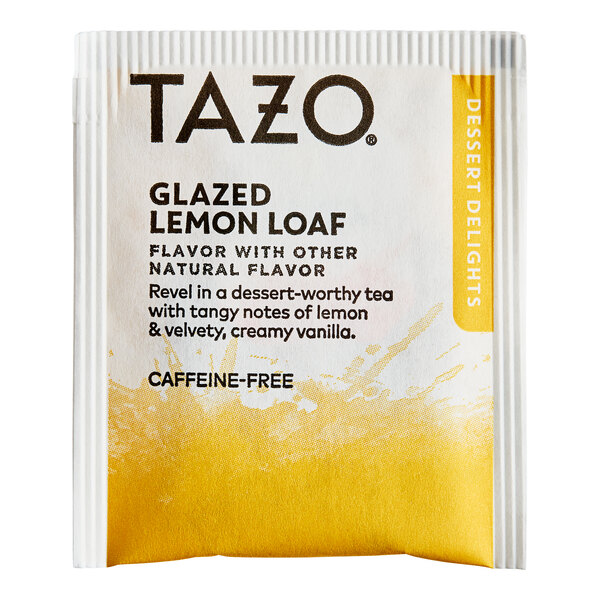 A white and yellow box of Tazo Glazed Lemon Loaf Herbal Tea Bags with black text.