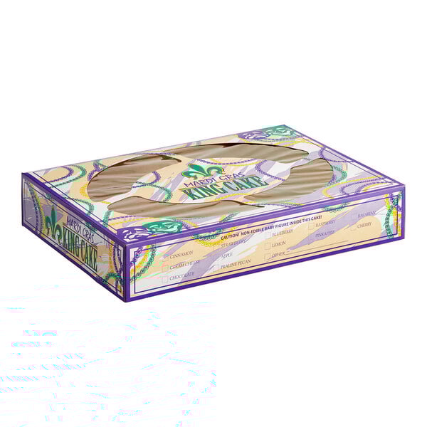 A white Southern Champion bakery box with a Mardi Gras King Cake design on it.