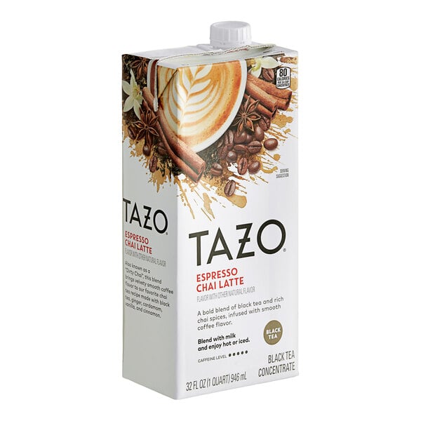 A white carton of Tazo Espresso Chai Latte concentrate.