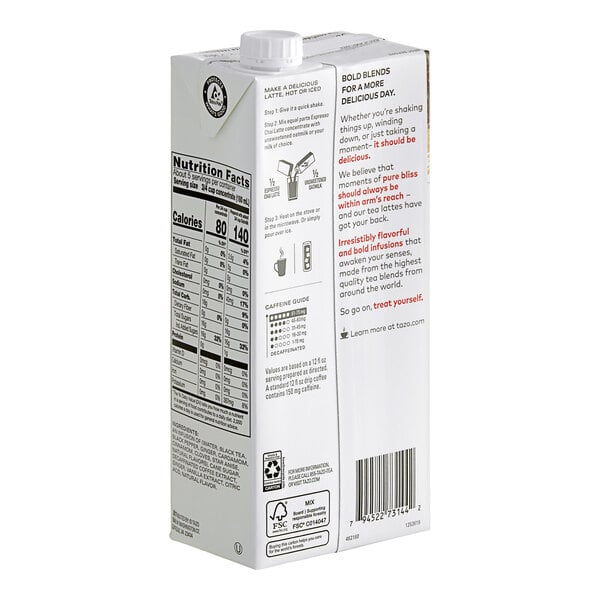 A white carton with black and red text of Tazo Espresso Chai Latte concentrate.