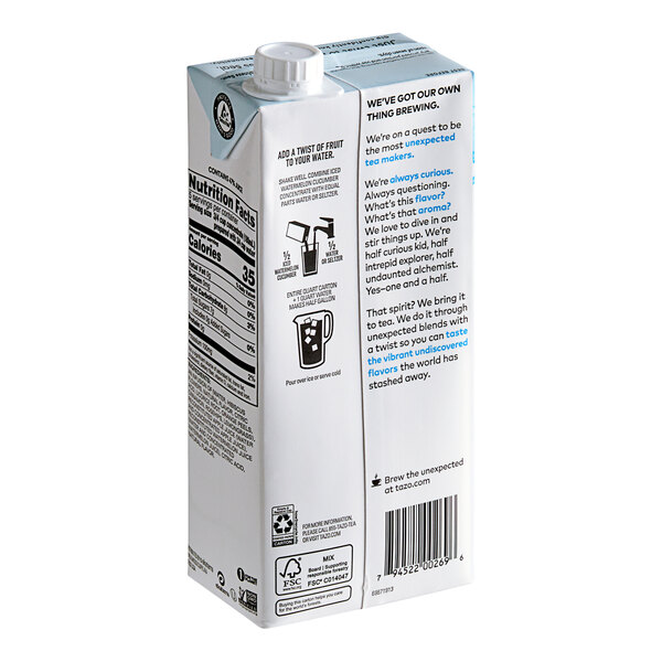 A white carton of Tazo Watermelon Cucumber Iced Tea and Juice Concentrate.