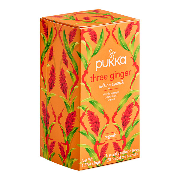 A box of Pukka Organic Three Ginger Herbal Tea Bags.