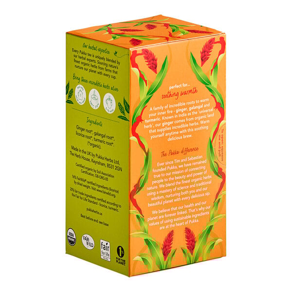 A white box of Pukka Organic Three Ginger Herbal Tea Bags with text and images.
