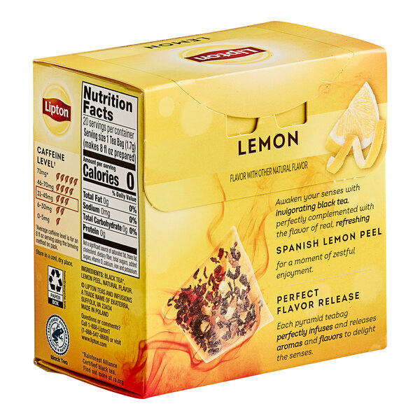 A yellow box of Lipton Lemon Black Pyramid Tea Bags with a yellow label.