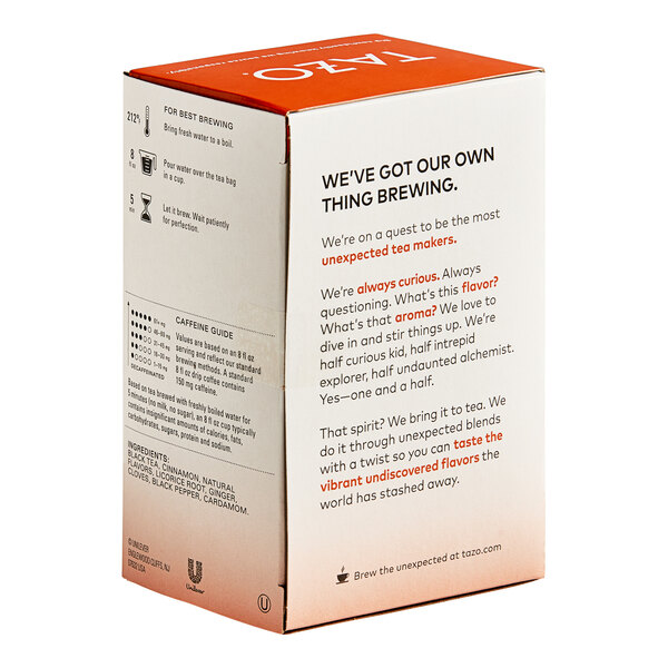 A white box of Tazo Pumpkin Spice Chai Tea Bags with red and black text.