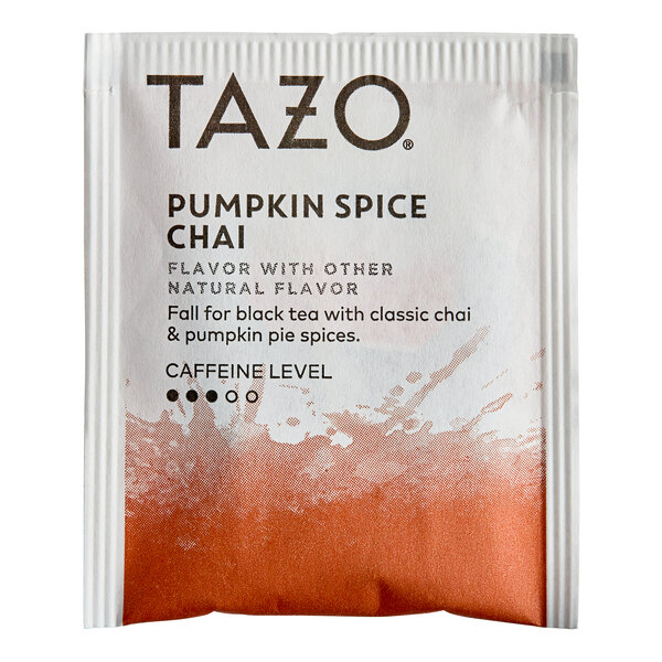 A white Tazo tea packet with orange and white text.