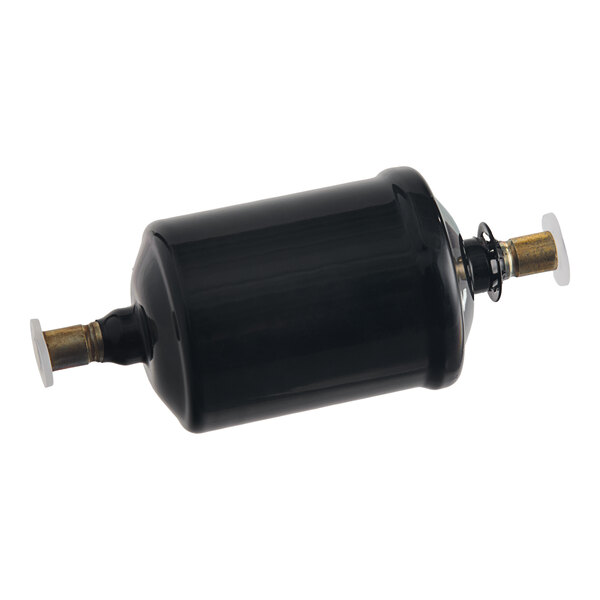 A black cylinder with white caps.