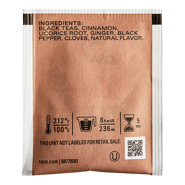 A Tazo Vanilla Caramel Chai tea bag packet.